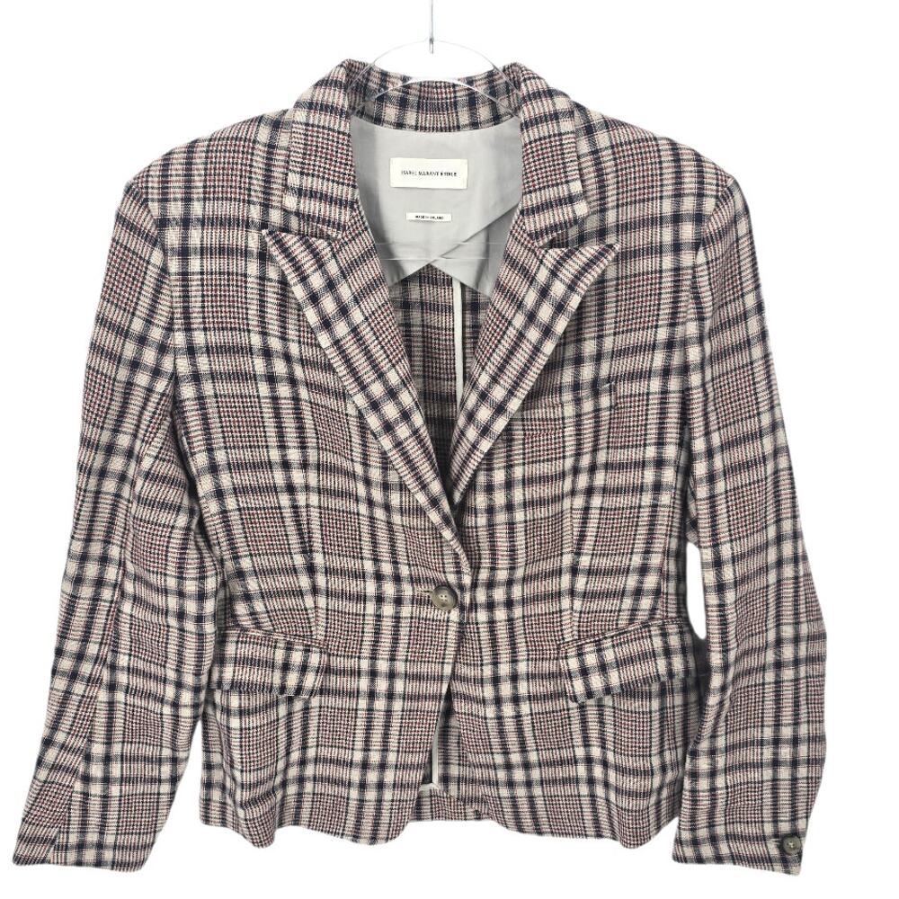 Isabel Marant Etoile Plaid Linen Blazer Tailored One Button Tan Navy Red Size 40